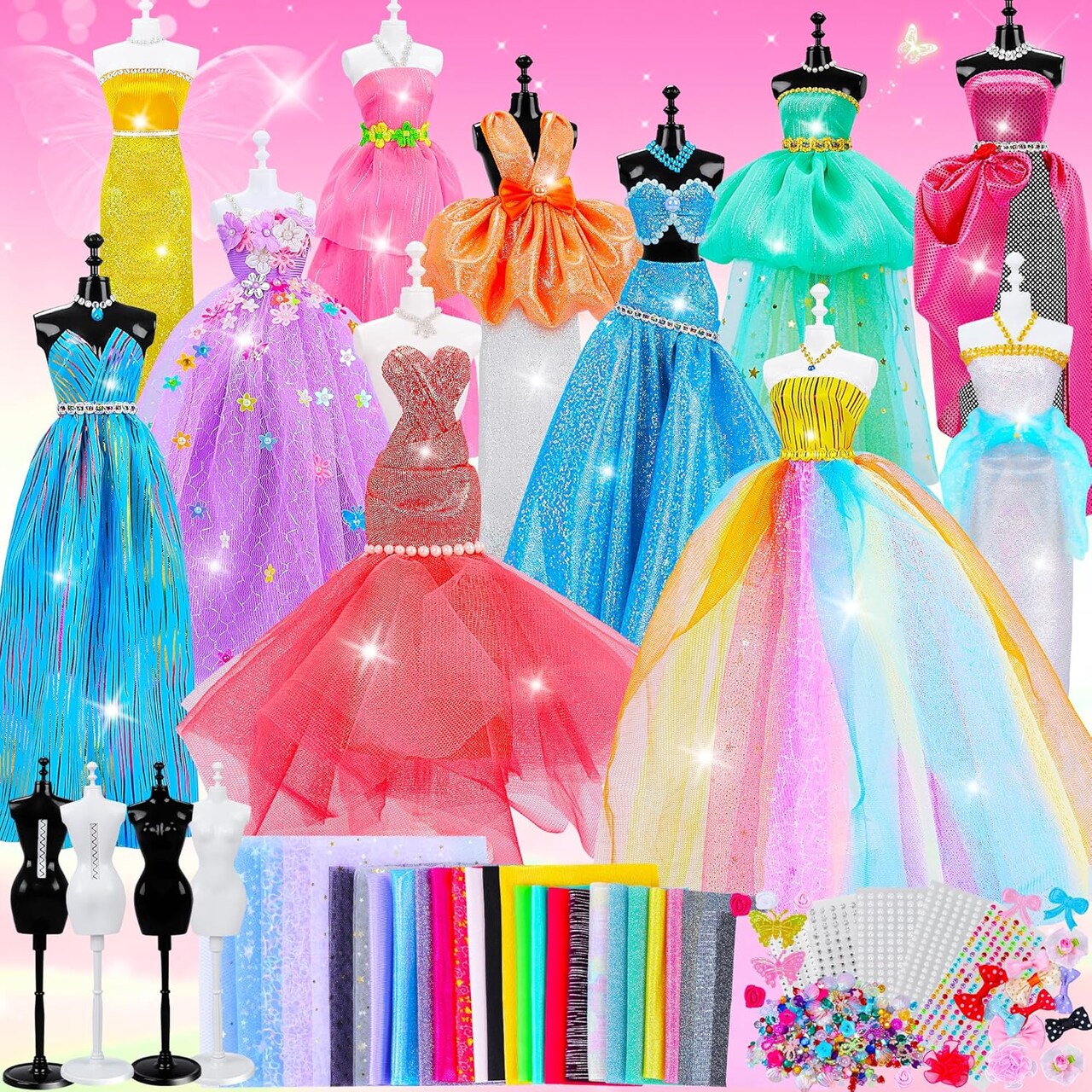 800+Pcs Fashion Designer Kit for Girls, Sewing Kit with 4 Mannequins, DIY Arts and Crafts Kit for Kids, Doll Clothes Making Kit, Girl Toys for Age 6 7 8 9 10 11 12 Year Old Gifts